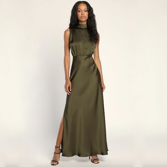 Lulus Classic Elegance Olive Satin Sleeveless Mock Neck Maxi Dress in Olive - Picture 1 of 10